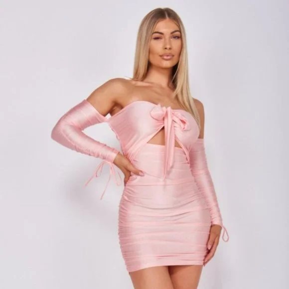Pink Long Sleeve Off Shoulder Cutout Ruched Bodycon Mini Dress - Picture 1 of 17